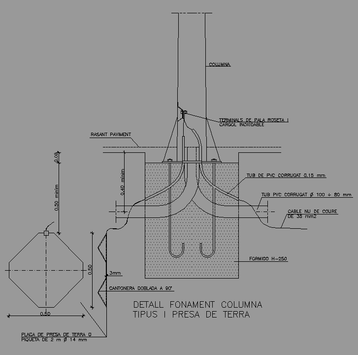 Bloque Autocad Detalle cimentación elemento vertical con toma de tierra.(báculos)